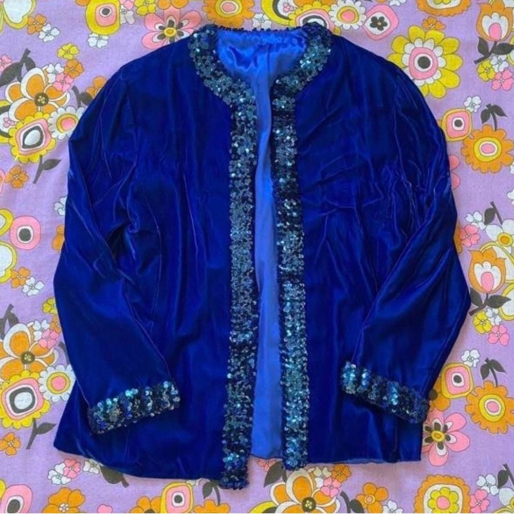 Vintage Women's Blue Velvet Jacket with Sequin Trim Medium